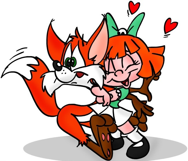 ambiguous_gender anthro bow canine clothed clothing duo elmyra elmyra_duff eyes_closed female fox green_eyes hair hug hug_torture human mammal plain_background red_hair shirt shoes short_hair silly skirt socks tiny_toon_adventures toony unknown_artist white_background
