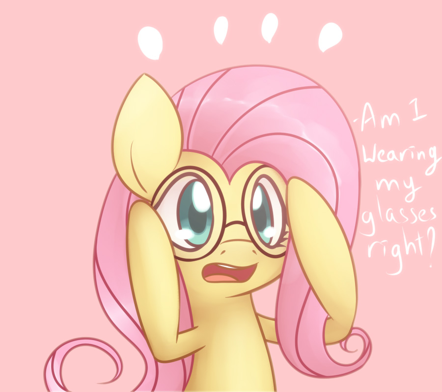 english_text equine eyewear female feral fluttershy_(mlp) friendship_is_magic fur glasses hair horse mammal my_little_pony open_mouth pink_background pink_hair plain_background pony solar-slash solo text yellow_fur