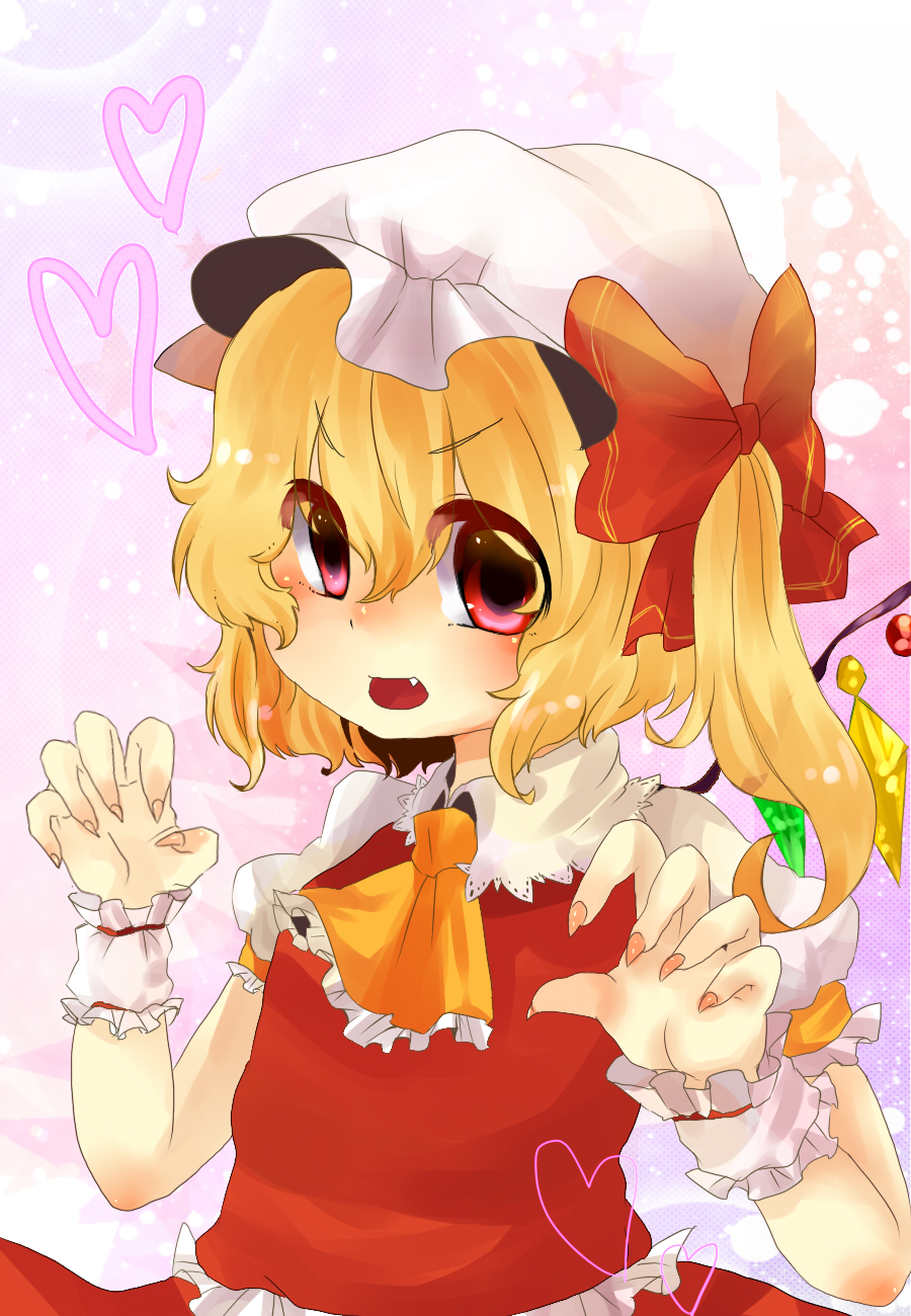 ascot blonde_hair bow fang flandre_scarlet hat hat_ribbon heart highres open_mouth rarorimiore red_eyes ribbon short_hair short_sleeves side_ponytail skirt solo touhou wings wrist_cuffs