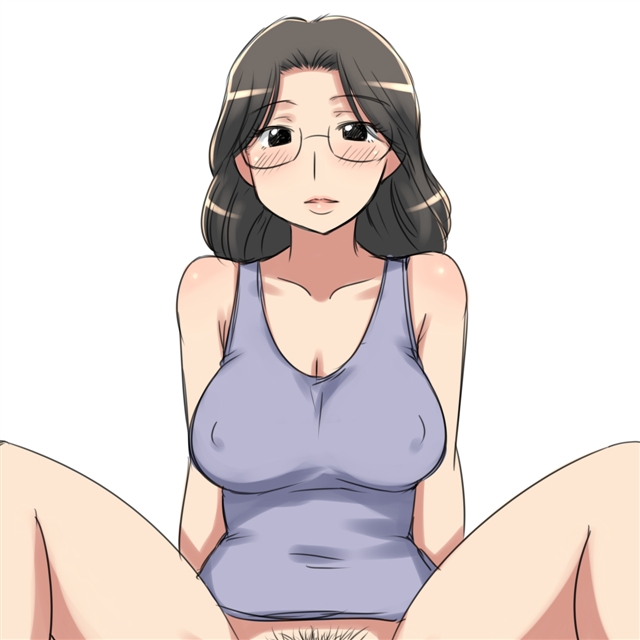 aaaa black_hair blush bottomless breasts covered_nipples glasses large_breasts long_hair looking_at_viewer original pubic_hair simple_background solo white_background