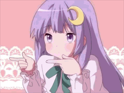 animated animated_gif blush chuunibyou_demo_koi_ga_shitai! crescent crescent_hair_ornament dress hair_ornament long_hair lowres parody patchouli_knowledge pointing purple_eyes purple_hair ribbon solo sparkling_daydream touhou