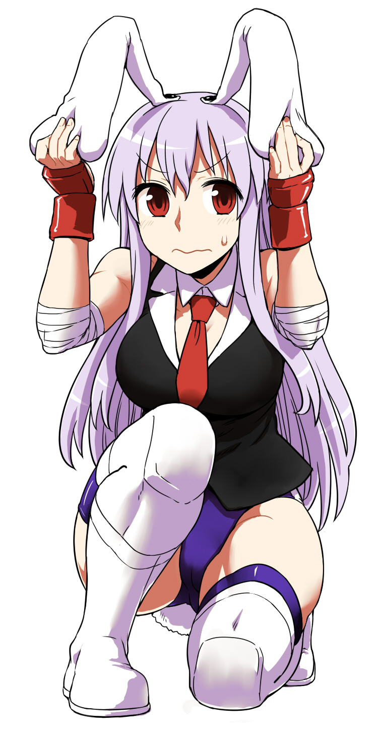 alternate_costume animal_ears blush boots borrowed_design breasts bunny_ears bunny_tail cleavage ear_grab full_body highres itou_yuuji lavender_hair long_hair medium_breasts necktie one_knee purple_hair red_eyes red_neckwear reisen_udongein_inaba simple_background solo sweatdrop tail thighhighs touhou wavy_mouth white_background wrestling_outfit