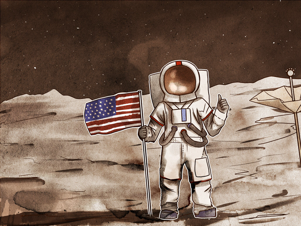 akihiyo american_flag astronaut error moon oldschool solo space spacesuit star_(sky) thumbs_up touhou