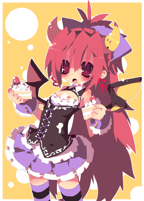 bare_shoulders blush bow cake cleavage_cutout dangomushi demon_wings earrings food food_on_body food_on_face frills hair_bow heart heart_earrings horns jewelry long_hair looking_at_viewer mahou_shoujo_madoka_magica open_mouth ponytail red_eyes red_hair sakura_kyouko skirt solo striped striped_legwear thighhighs very_long_hair wings