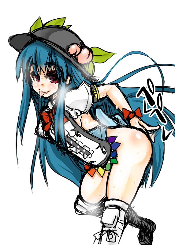 adapted_costume blue_hair boots borrowed_design breasts food fruit hat hinanawi_tenshi knee_boots leaning_forward long_hair mabuchoco_m md5_mismatch medium_breasts no_bra no_pants peach red_eyes sideboob simple_background sketch solo sweat tongue tongue_out touhou very_long_hair white_background