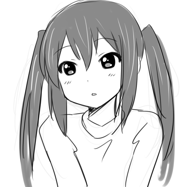 aaaa blush greyscale k-on! long_hair monochrome nakano_azusa simple_background solo twintails white_background