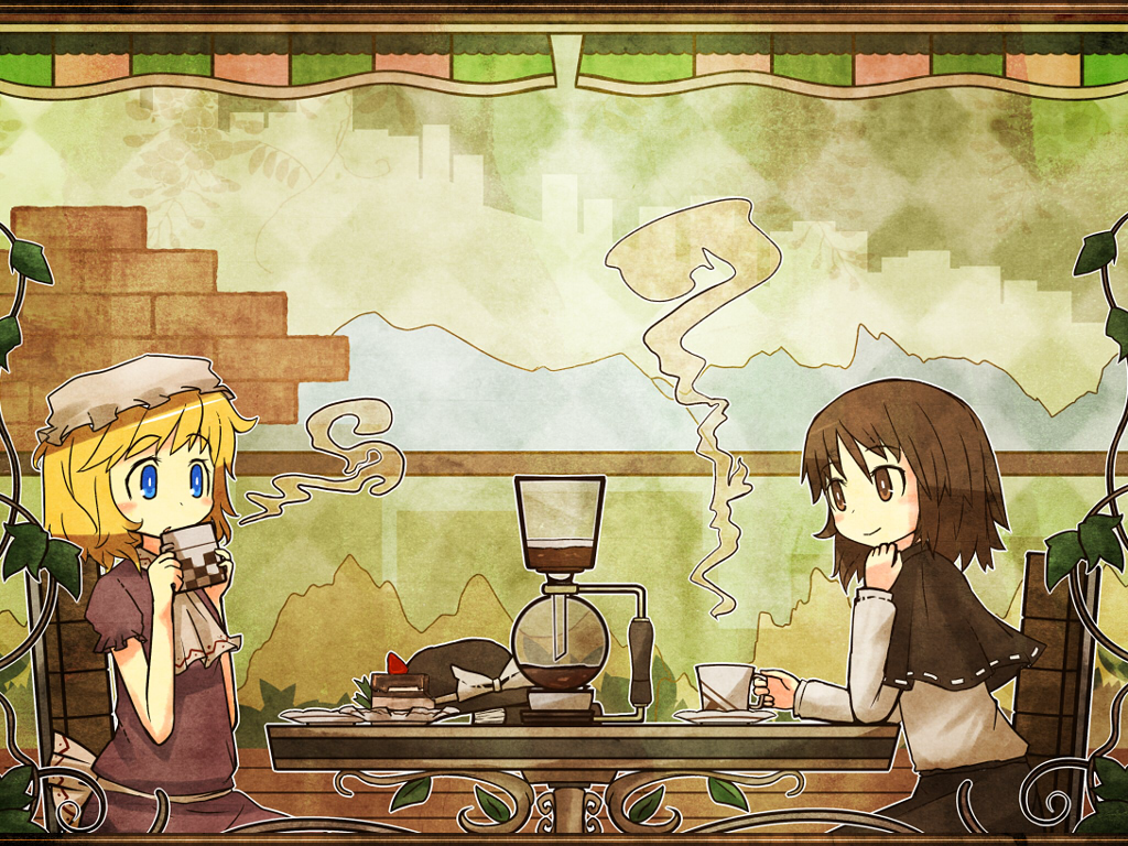 akihiyo blonde_hair blue_eyes bow brown_eyes brown_hair chair coffee coffee_maker_(object) cup dress drinking hat hat_bow hat_removed headwear_removed ivy magical_astronomy maribel_hearn multiple_girls plant sitting smile touhou usami_renko vacuum_coffee_maker