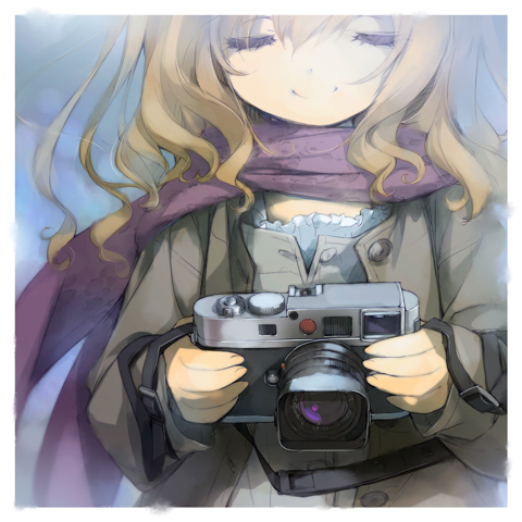 camera closed_eyes coat gotou_nao light_brown_hair lowres original scarf smile solo