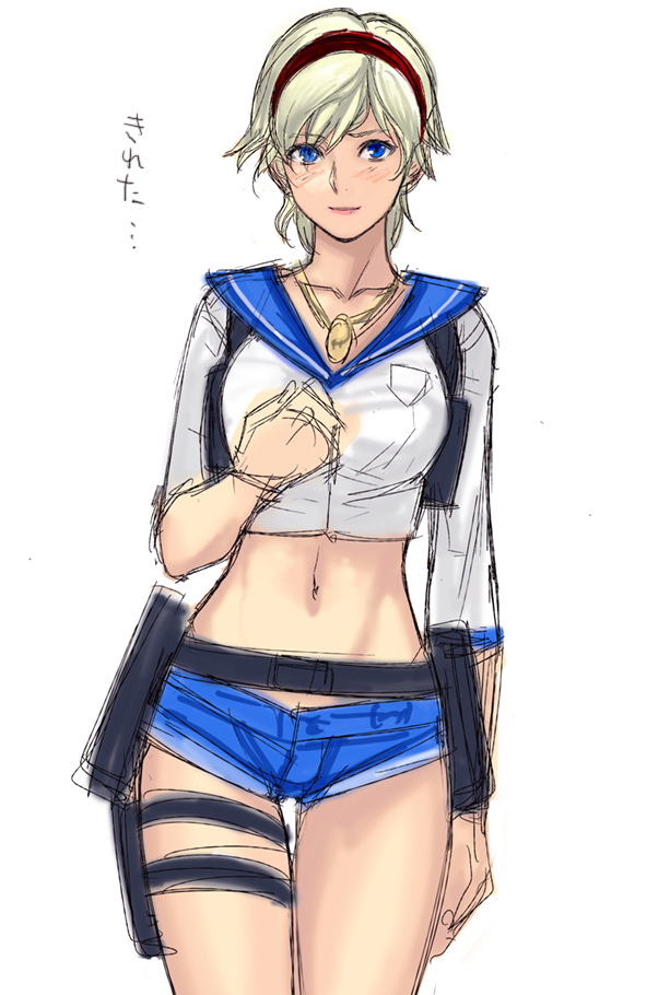 adapted_costume belt blonde_hair blue_eyes blush breasts holster medium_breasts midriff navel resident_evil resident_evil_6 school_uniform serafuku sherry_birkin short_hair short_shorts shorts solo tetsu_(kimuchi) thigh_gap thigh_strap undersized_clothes