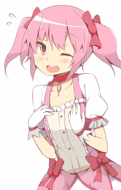 ;o bad_id bad_pixiv_id blush bow dress flying_sweatdrops gloves kaname_madoka looking_at_viewer magical_girl mahou_shoujo_madoka_magica one_eye_closed open_mouth pink_hair red_eyes simple_background solo twintails white_background zen_o