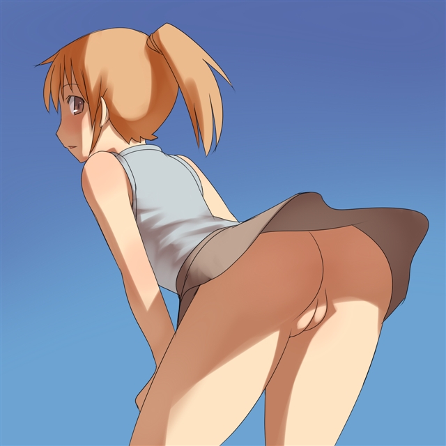 aaaa blue_background blush bottomless brown_hair looking_back no_panties original ponytail pussy simple_background skirt solo