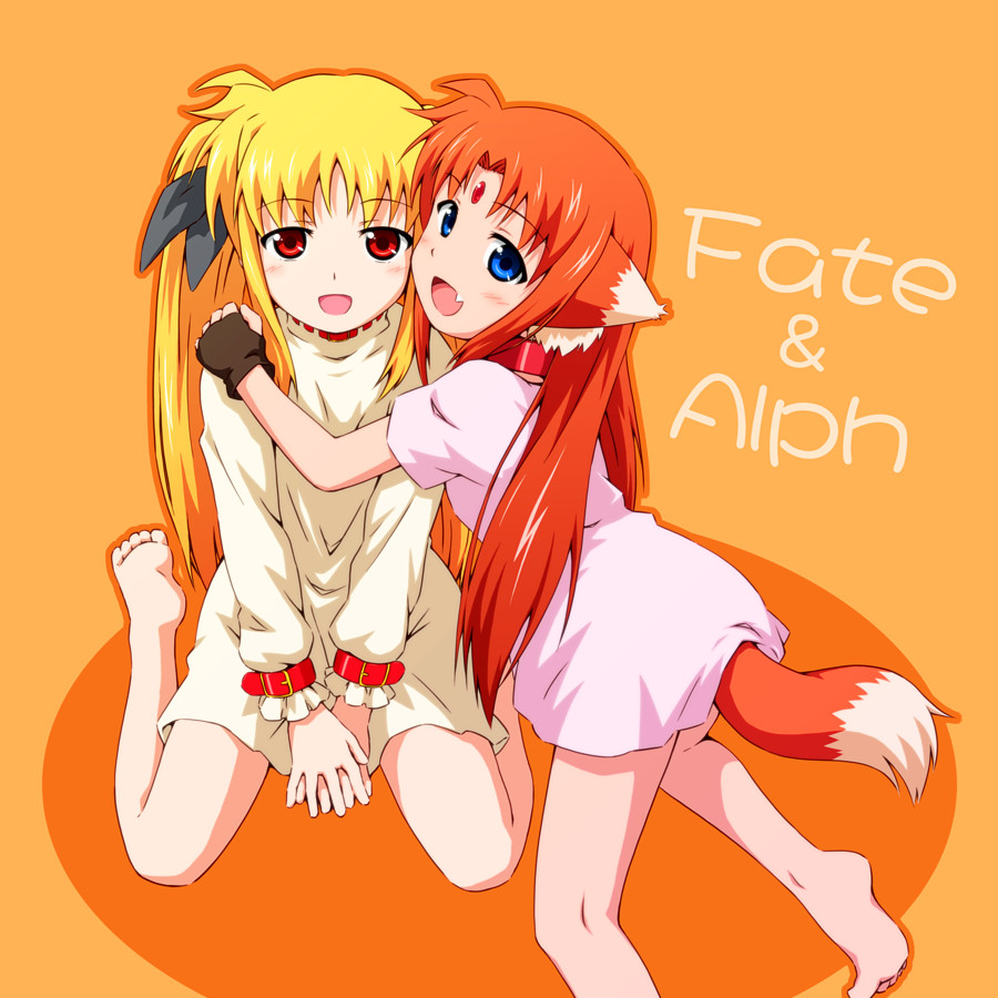 animal_ears arf barefoot blonde_hair blue_eyes character_name collar dog_ears dog_tail fang fate_testarossa fingerless_gloves forehead_jewel gloves hug long_hair long_sleeves lyrical_nanoha mahou_shoujo_lyrical_nanoha mahou_shoujo_lyrical_nanoha_a's mashita_(candy_apricot) multiple_girls open_mouth orange_hair red_eyes short_sleeves tail twintails very_long_hair
