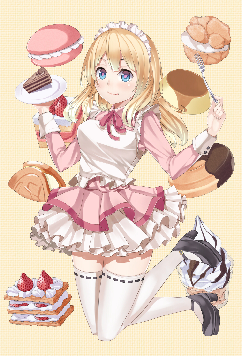 blonde_hair cake chocolate_cake dress flower food fruit headdress heart heart-shaped_pupils highres holding holding_flower ice_cream long_hair macaron original parfait plate pudding ray-akila smile solo strawberry strawberry_shortcake symbol-shaped_pupils thighhighs white_legwear