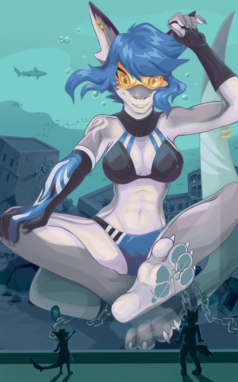 anthro aquarium athletic bikini breasts canid canine chain city cleavage clothed clothing ear_piercing eyewear female fish foot_focus glass gloves goggles larger_female macro mammal marine navel piercing shakumi shark sharp_teeth shorts silhouette size_difference smile swimsuit tattoo teeth underwater water