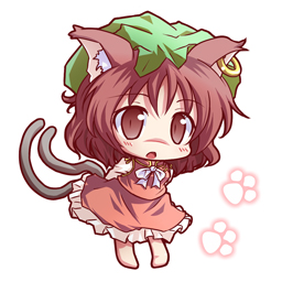 animal_ears bad_id bad_pixiv_id brown_eyes brown_hair cat_ears cat_tail chen chibi dress frills hat jewelry lowres multiple_tails ryogo single_earring solo tail touhou