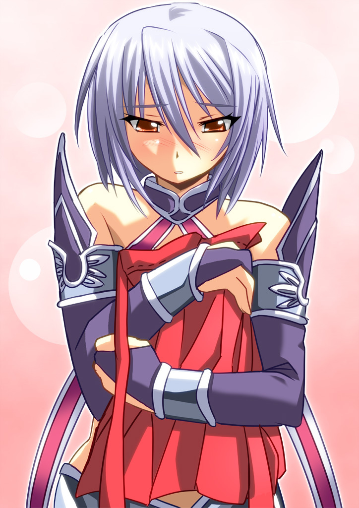 arm_guards armlet bare_shoulders blush bridal_gauntlets brown_eyes collar covering elbow_gloves embarrassed gloves hair_between_eyes kayuu koihime_musou looking_down nose_blush parted_lips pink_background purple_gloves shin_koihime_musou short_hair silver_hair simple_background solo tsurime upper_body yagami_(mukage)