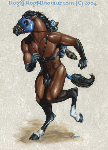 abs balls equine eyewear goggles hat hooves horse male mammal muscles pecs plain_background raccoon racehorse rog_minotaur