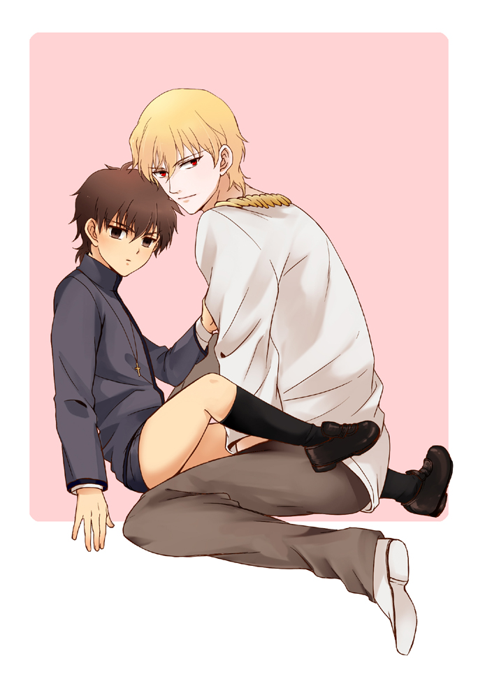 bad_id bad_pixiv_id black_legwear blonde_hair brown_eyes brown_hair child cross cross_necklace fate/stay_night fate/zero fate_(series) full_body gilgamesh jewelry kneehighs kotomine_kirei male_focus multiple_boys necklace red_eyes seojung shorts younger