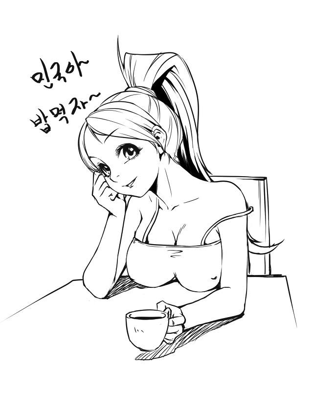 1girl beyonder1 breasts chair cup female holding korean large_breasts long_hair milf min-gook's_mother min-gook's_mother monochrome nipples ponytail simple_background sketch smile solo table text white_background