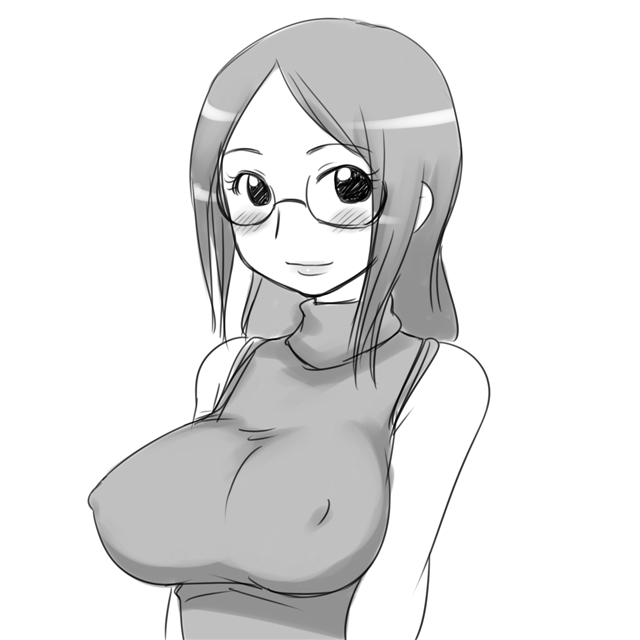 aaaa blush breasts covered_nipples glasses greyscale large_breasts long_hair looking_at_viewer monochrome original simple_background sleeveless smile solo white_background