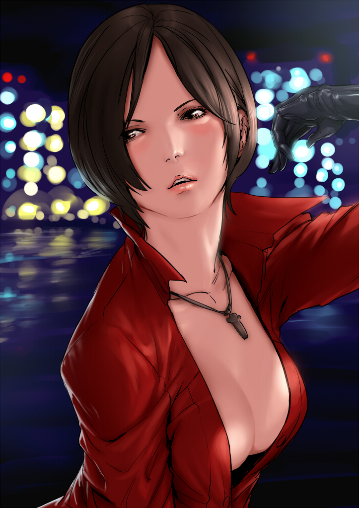 ada_wong breasts brown_eyes brown_hair city cleavage delta_zone gloves jacket jewelry lips medium_breasts necklace night red_jacket resident_evil resident_evil_6 short_hair solo