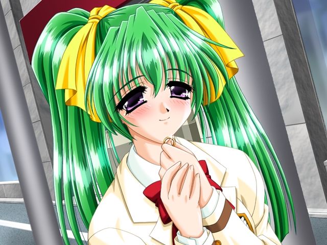 1girl blush green_hair hair_ribbon jewelry long_hair ribbon ring tottemo_pheromone twintails wakabayashi_ayumi