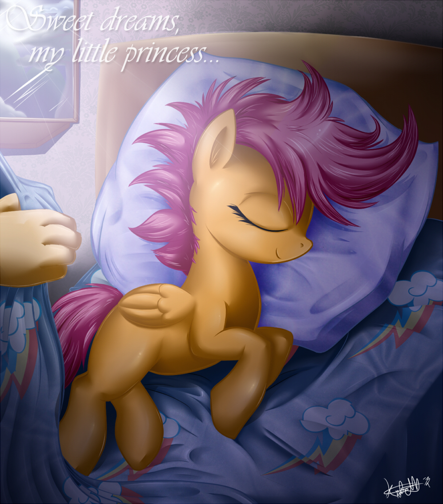 bed cub duo english_text equine female feral friendship_is_magic hair horse human knifeh mammal moon my_little_pony pegasus pony purple_hair rainbow rainbow_(artist) scootaloo_(mlp) sleeping text wings young