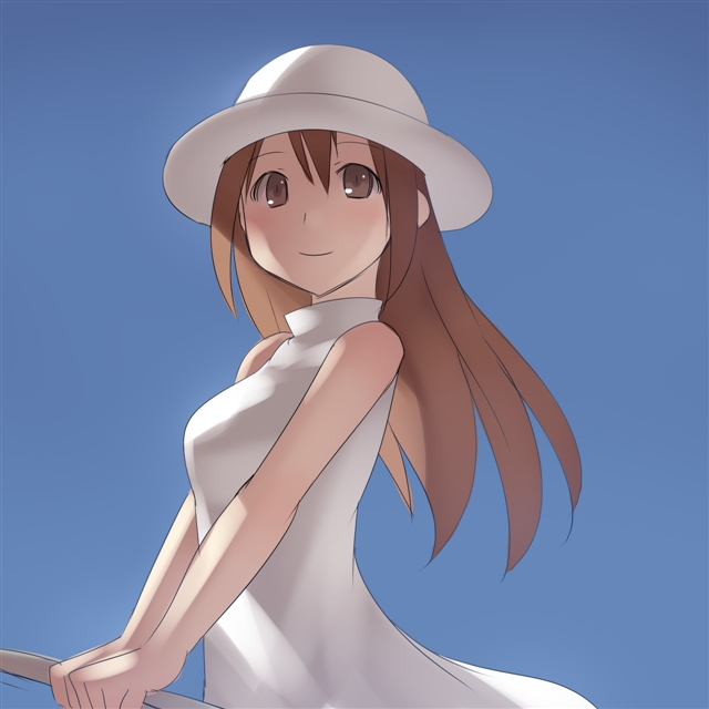 aaaa blue_background brown_hair hat long_hair original simple_background sleeveless smile solo