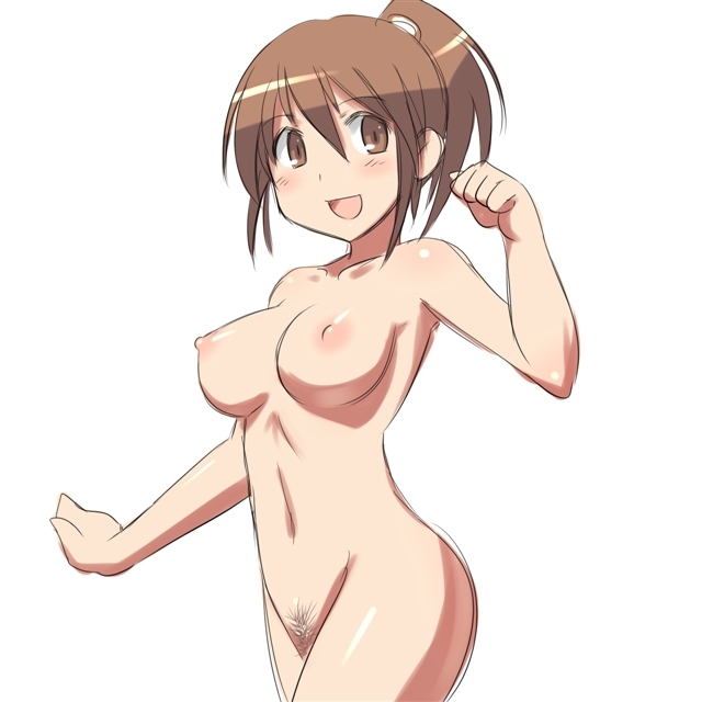 aaaa blush breasts brown_eyes brown_hair large_breasts nipples nude open_mouth original pubic_hair simple_background smile solo white_background