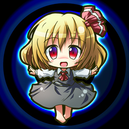 bad_id bad_pixiv_id blonde_hair bow chibi dress hair_bow happy lowres outstretched_arms red_eyes rumia ryogo solo touhou