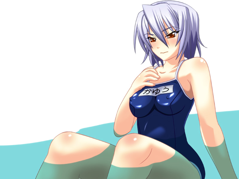 blush breasts brown_hair covered_nipples kayuu koihime_musou medium_breasts one-piece_swimsuit red_eyes school_swimsuit shin_koihime_musou short_hair simple_background solo swimsuit white_background yagami_(mukage)