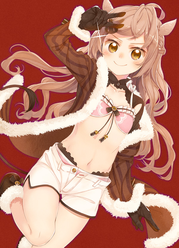 1girl amamiya_chiharu animal_ears bare_legs black_gloves blush bra braid breasts brown_eyes brown_footwear brown_hair brown_jacket closed_mouth collarbone commentary_request french_braid fur-trimmed_jacket fur_trim glint gloves hair_ornament hand_up jacket leg_up long_hair long_sleeves looking_at_viewer navel off_shoulder open_clothes open_fly open_jacket original panties pig_ears pink_bra pink_panties red_background shoes short_shorts shorts simple_background sleeves_past_wrists small_breasts smile solo stomach striped_jacket thighs underwear v v-shaped_eyebrows white_shorts