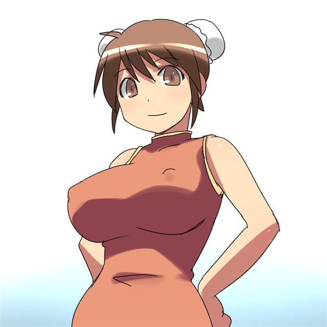 aaaa breasts brown_eyes brown_hair bun_cover china_dress chinese_clothes covered_nipples double_bun dress huge_breasts looking_at_viewer original short_hair smile solo