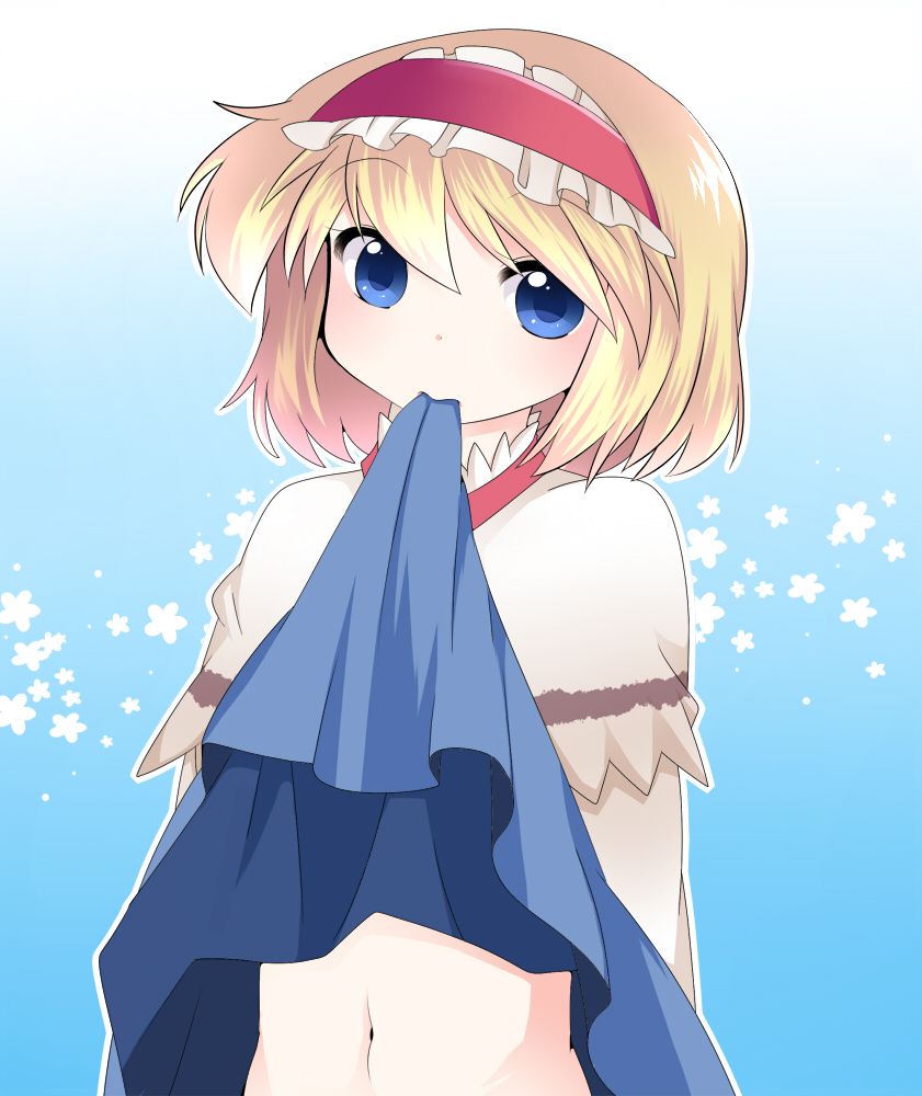 alice_margatroid bad_id bad_pixiv_id blonde_hair blue_eyes capelet dress dress_in_mouth dress_lift hairband hammer_(sunset_beach) mouth_hold navel short_hair solo touhou