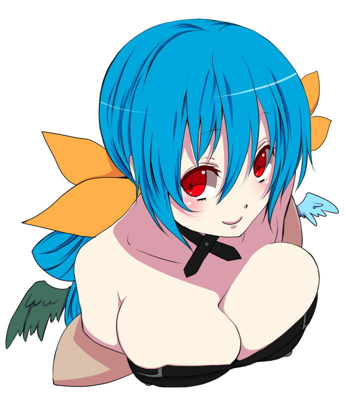 asymmetrical_wings bad_id bad_pixiv_id bare_shoulders blue_eyes blush bow breasts choker cleavage dizzy guilty_gear hair_bow large_breasts long_hair mini_wings ponytail red_eyes smile solo strapless tubetop utani_(punishment) wings