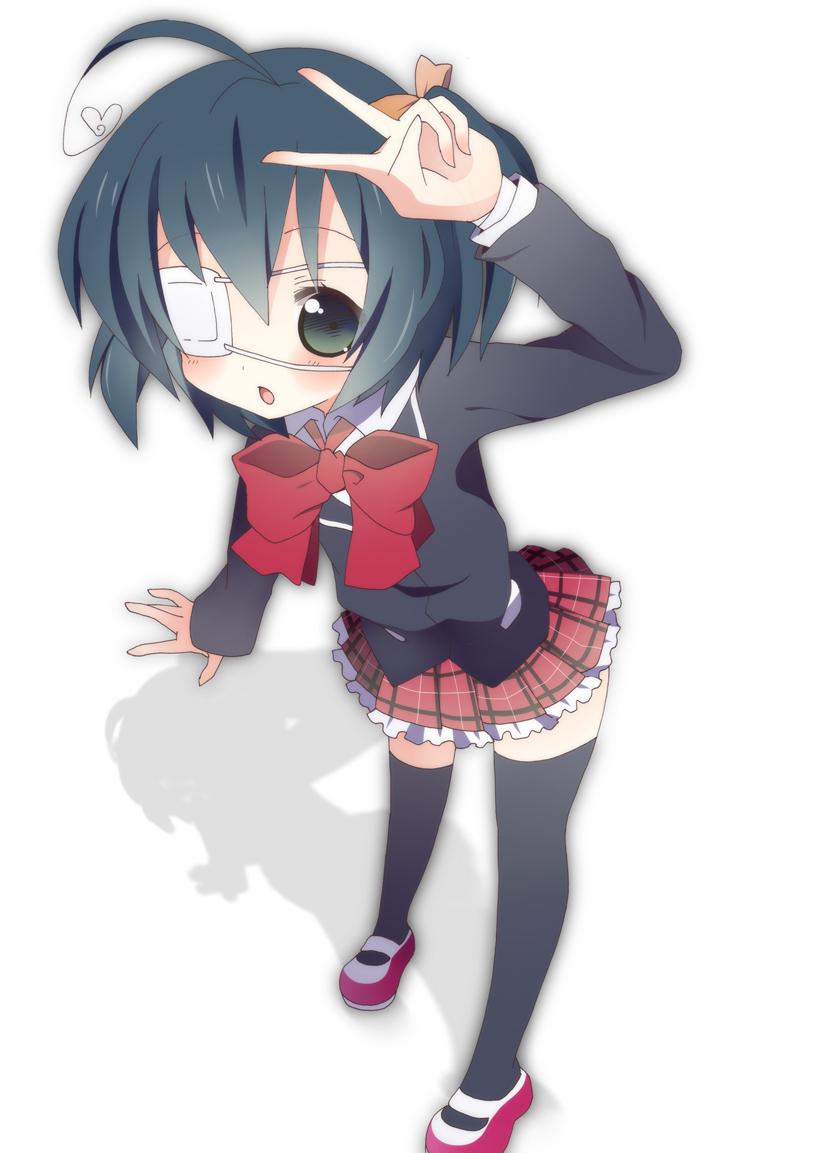 :o ahoge bad_id bad_pixiv_id black_hair black_legwear blue_eyes blush bow chuunibyou_demo_koi_ga_shitai! eyepatch hair_bow kumakichi_(toshigat) looking_at_viewer one_side_up open_mouth plaid plaid_skirt school_uniform short_hair skirt solo takanashi_rikka thighhighs