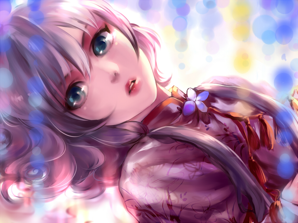 aqua_eyes bad_id bad_pixiv_id bangs blue_eyes blurry bokeh chinese_clothes depth_of_field hair_between_eyes liiko lips looking_at_viewer luo_tianyi lying on_back parted_lips red_lips short_hair_with_long_locks sideways silver_hair solo tassel upper_body vocaloid vocanese