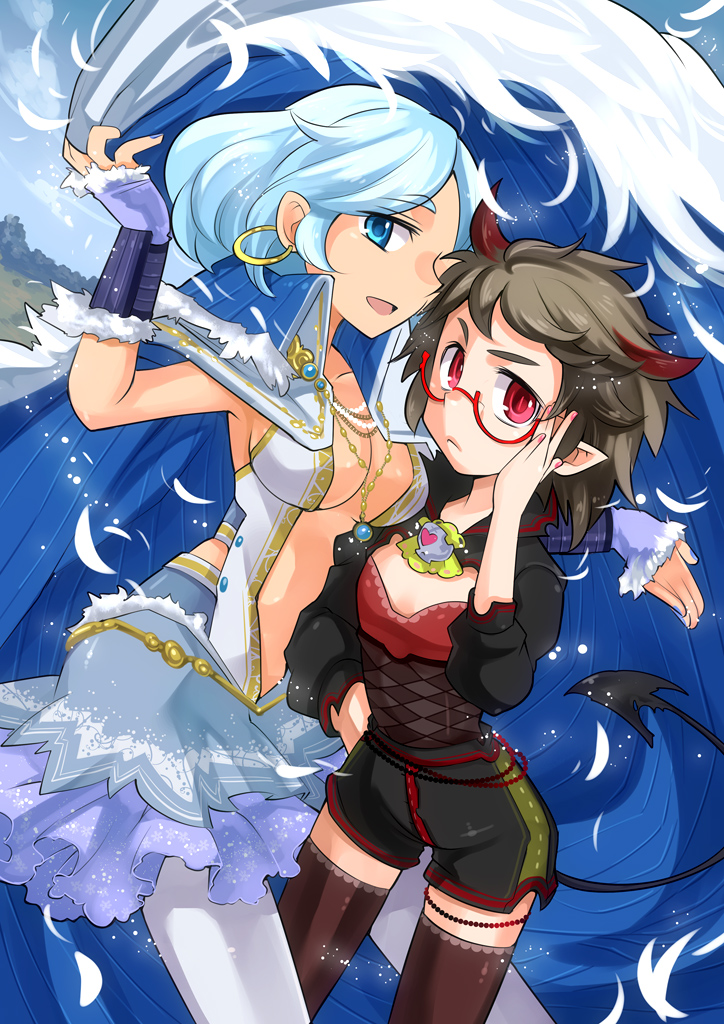 blue_eyes blue_hair brown_hair cape demon_girl demon_tail elf glasses horns inuinui looking_at_viewer multiple_girls original pantyhose pointy_ears red_eyes short_hair smile succubus tail thighhighs