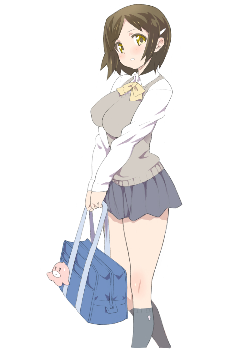 bag blush breasts brown_eyes brown_hair hair_ornament hairclip keychain large_breasts moccy48 octopus original school_bag school_uniform short_hair simple_background skirt solo sweater_vest v_arms white_background