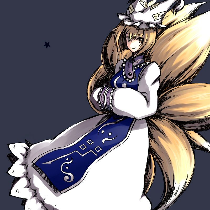 fox_tail hands_in_opposite_sleeves multiple_tails onimaru_gonpei simple_background smile solo star tail touhou yakumo_ran