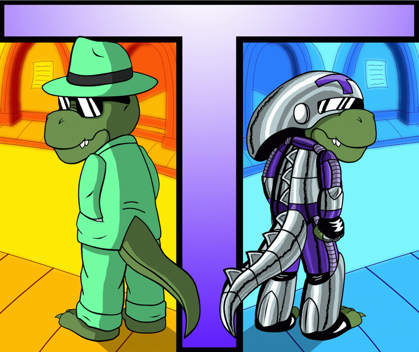 armor bubba-trex bugsy dinosaur green_body looking_back male scalie suit the_adventures_of_t-rex