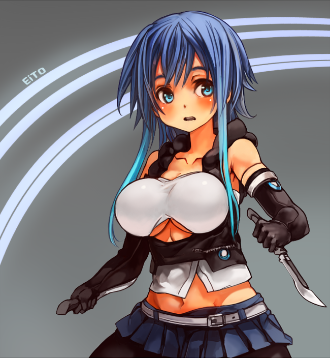 belt blue_eyes blue_hair blush borrowed_character breasts character_name cleavage_cutout eito_(fukai_ryousuke) elbow_gloves gloves knife large_breasts midriff multicolored_hair open_mouth original pantyhose reverse_grip sachito short_hair skirt solo underboob