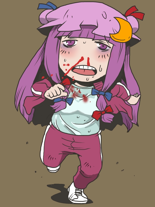 alternate_costume blood bloody_clothes crescent hair_ribbon hat jacket long_hair long_sleeves nosebleed onikobe_rin open_clothes open_jacket open_mouth pants patchouli_knowledge purple_eyes purple_hair ribbon running shirt shoes sneakers solo sweat touhou track_jacket track_pants track_suit