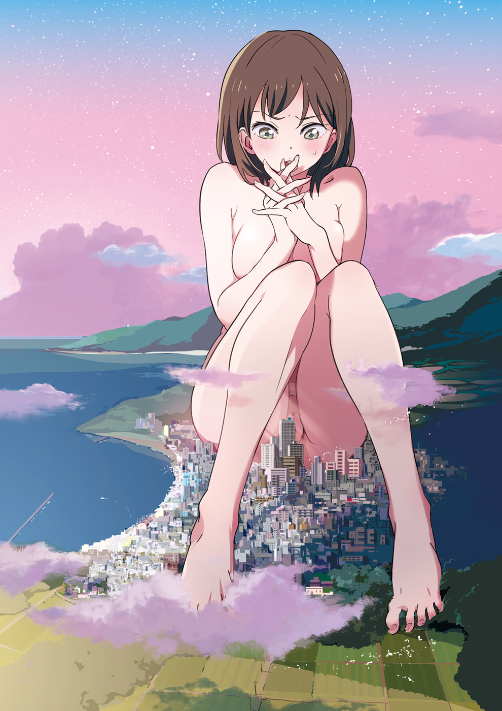 barefoot brown_eyes brown_hair censored city cloud convenient_censoring feet giantess hands_clasped highres mebae mountain nude original own_hands_together pussy sky solo toes water