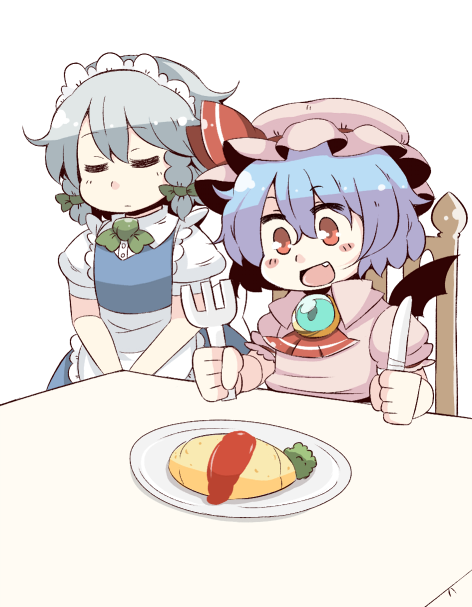 apron ascot bat_wings blue_dress blue_hair braid brooch chair closed_eyes dress fang food fork izayoi_sakuya jewelry knife maid maid_headdress multiple_girls omurice open_mouth pink_dress plate puffy_sleeves red_eyes remilia_scarlet shirt short_hair silver_hair sitting smile table touhou tsukigi twin_braids waist_apron wings