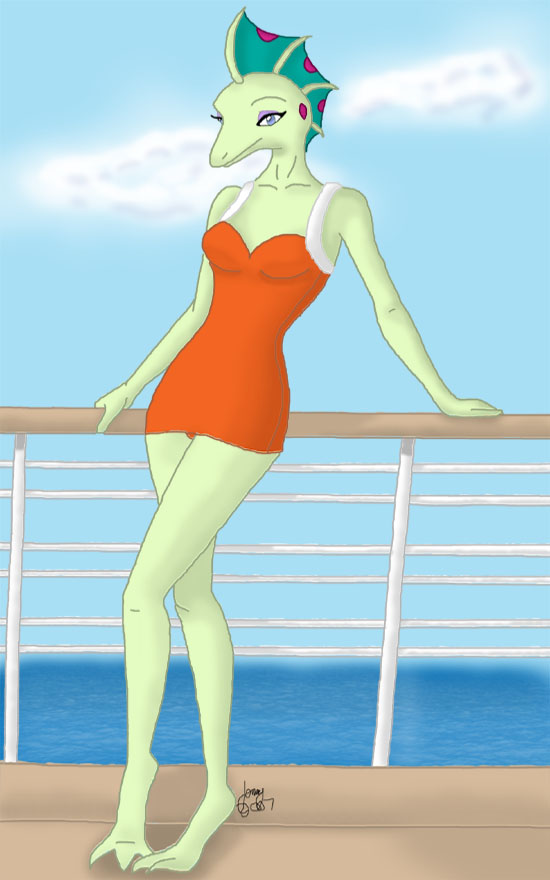 clothing female fin leaning myrna scalie solo standing swimsuit the_adventures_of_t-rex