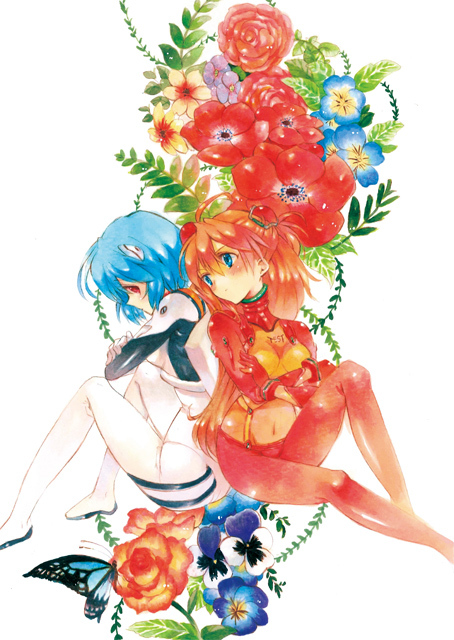 ayanami_rei back-to-back bad_id bad_pixiv_id blue_eyes blue_hair bodysuit bug butterfly crossed_arms floral_background flower hair_ornament insect kanna_irori multicolored multicolored_bodysuit multicolored_clothes multiple_girls neon_genesis_evangelion orange_bodysuit orange_hair pansy plugsuit rebuild_of_evangelion red_bodysuit red_eyes red_flower red_rose rose shikinami_asuka_langley souryuu_asuka_langley test_plugsuit white_bodysuit