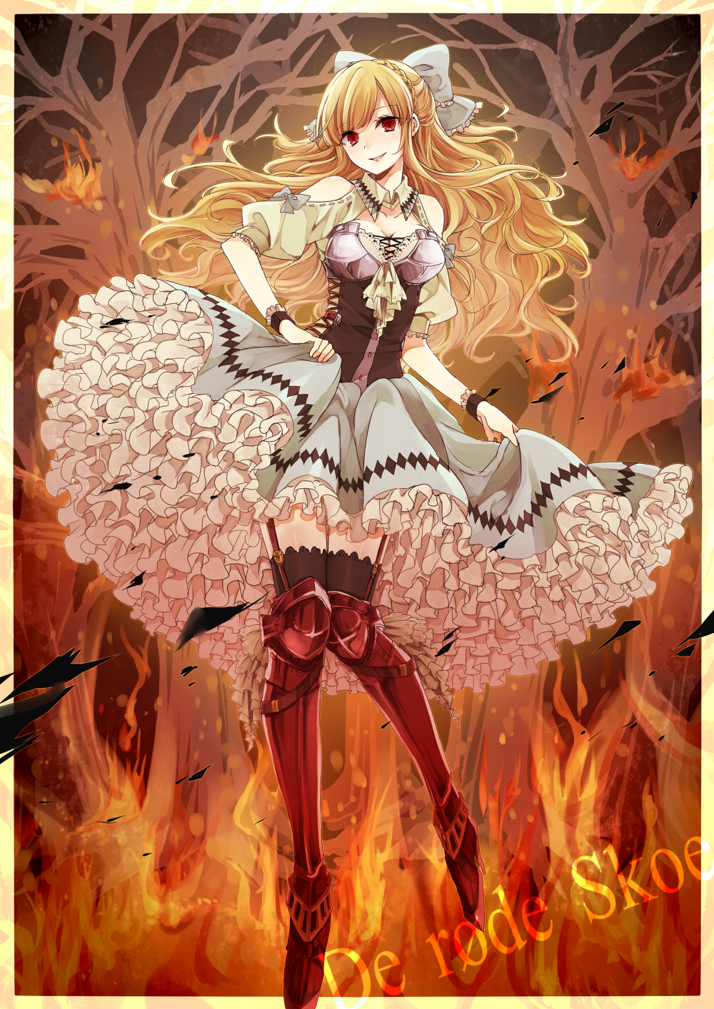 akai_kutsu bad_id bad_pixiv_id black_legwear blonde_hair bow breasts burning bustier cleavage dress fire frilled_dress frills garter_straps greaves hair_bow highres long_hair medium_breasts norwegian petticoat princess_royale red_eyes shirako_miso solo spinning the_red_shoes_(andersen) thighhighs too_many too_many_frills translated
