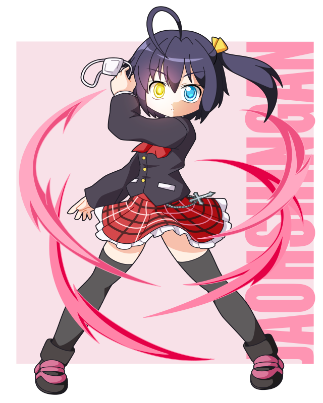 ahoge black_legwear blue_eyes chuunibyou_demo_koi_ga_shitai! cross eyepatch eyepatch_removed heterochromia one_side_up plaid plaid_skirt purple_hair shinjitsu short_hair skirt solo takanashi_rikka thighhighs yellow_eyes zettai_ryouiki