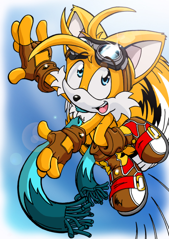 blonde_hair blue_eyes canine cub emerald-physics eyewear fox goggles hair male mammal miles_prower multiple_tails scarf sega smile solo sonic_(series) young